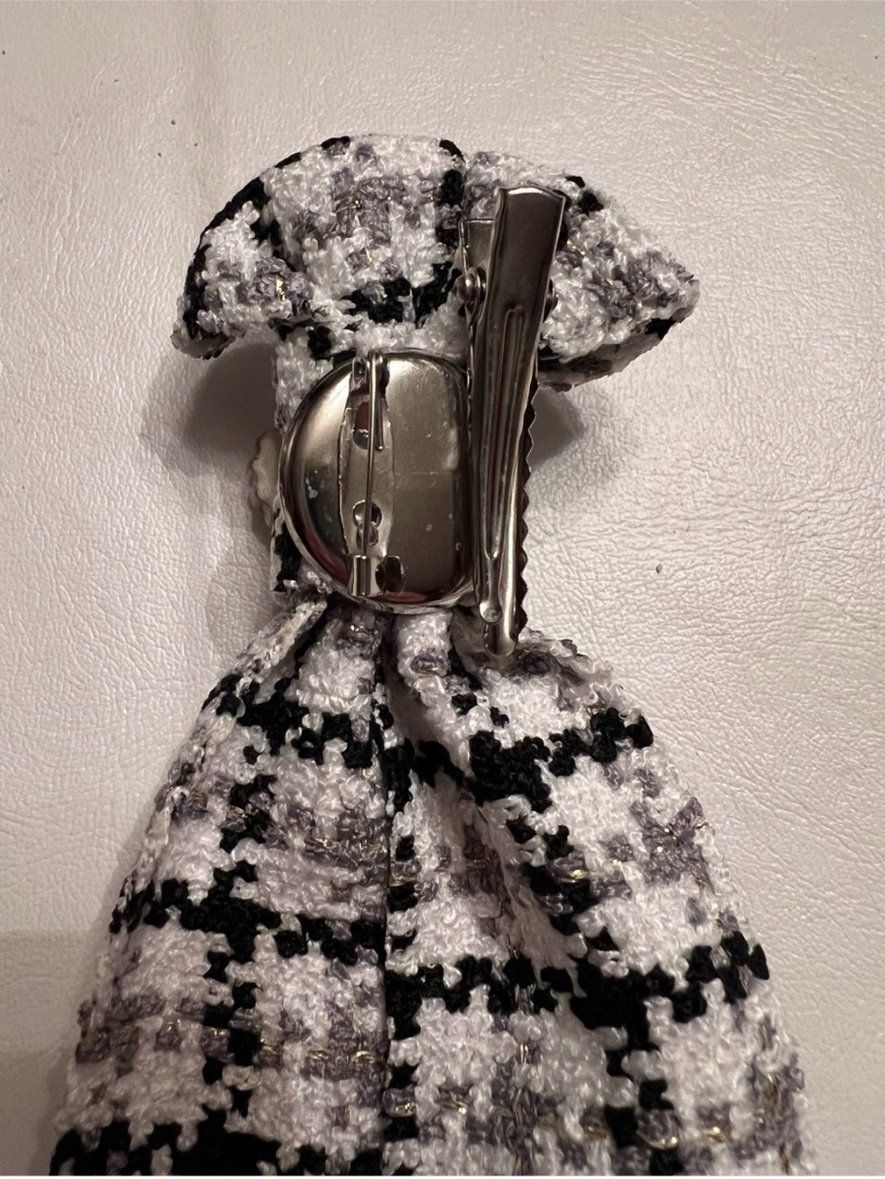 Black & White Tweed Decorative Tie with Brooch Embellishments - Picture 8 of 8